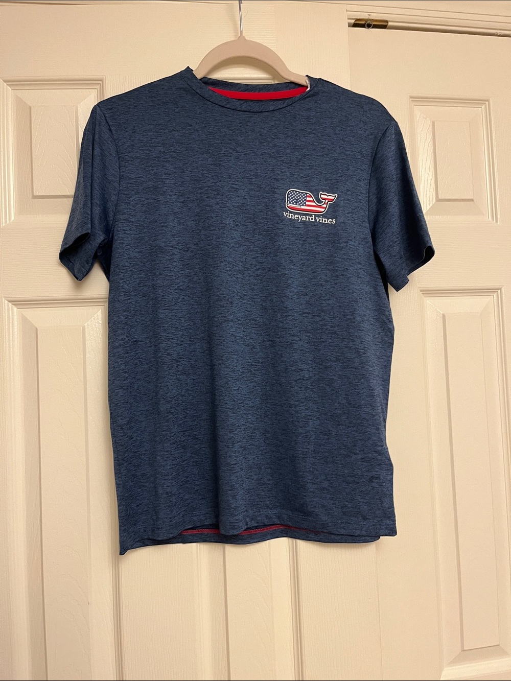 Vineyard Vines Navy Heather Tee with American Flag Whale
